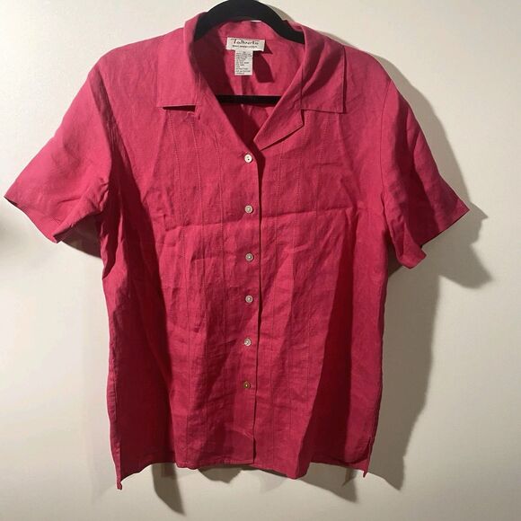 Talbots 100% Irish Linen Womens Sz 10 Button Up Shirt Pink Vacation Beach Resort - Picture 2 of 7